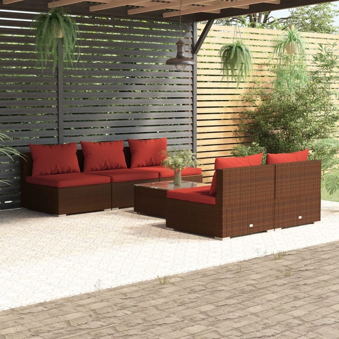 vidaXL - 6-delige - Loungeset - met - kussens - poly - rattan - bruin