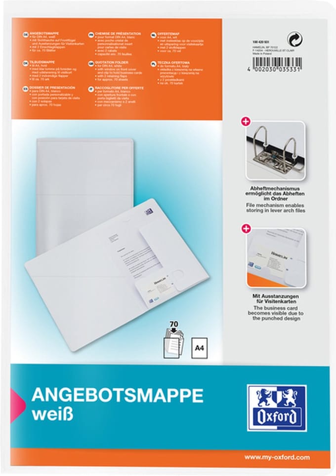 Offertemap Oxford A4 met insteektas 2 kleppen 0.5mm PP wit - 10 stuks