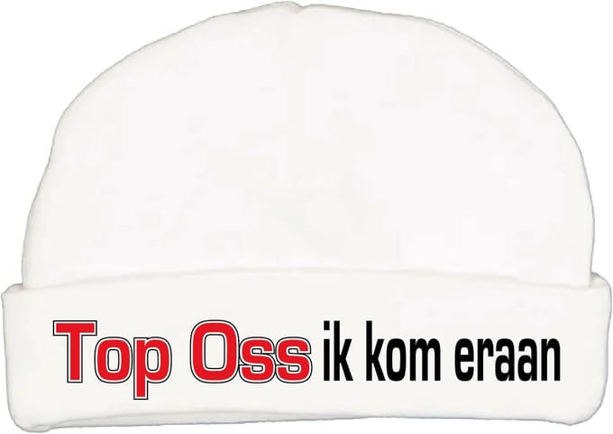 Babymutsje met de tekst: Top Oss ik kom eraan !