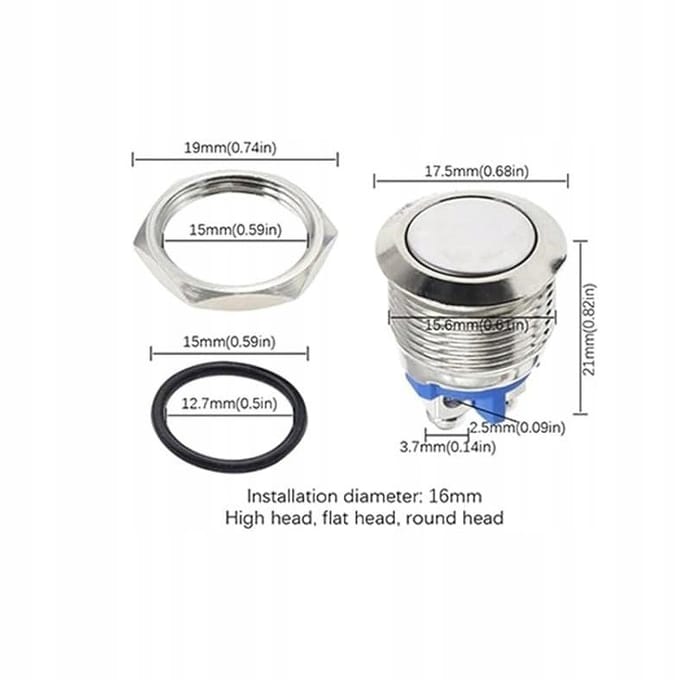 Rosfix Schakelaar Zelfreset - Vandaalbestendige Verlichte LED Wit - 12–24V, M16 RVS Geborsteld