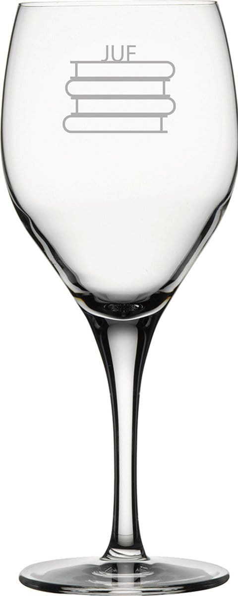 Gegraveerde witte wijnglas 34cl Juf met boeken