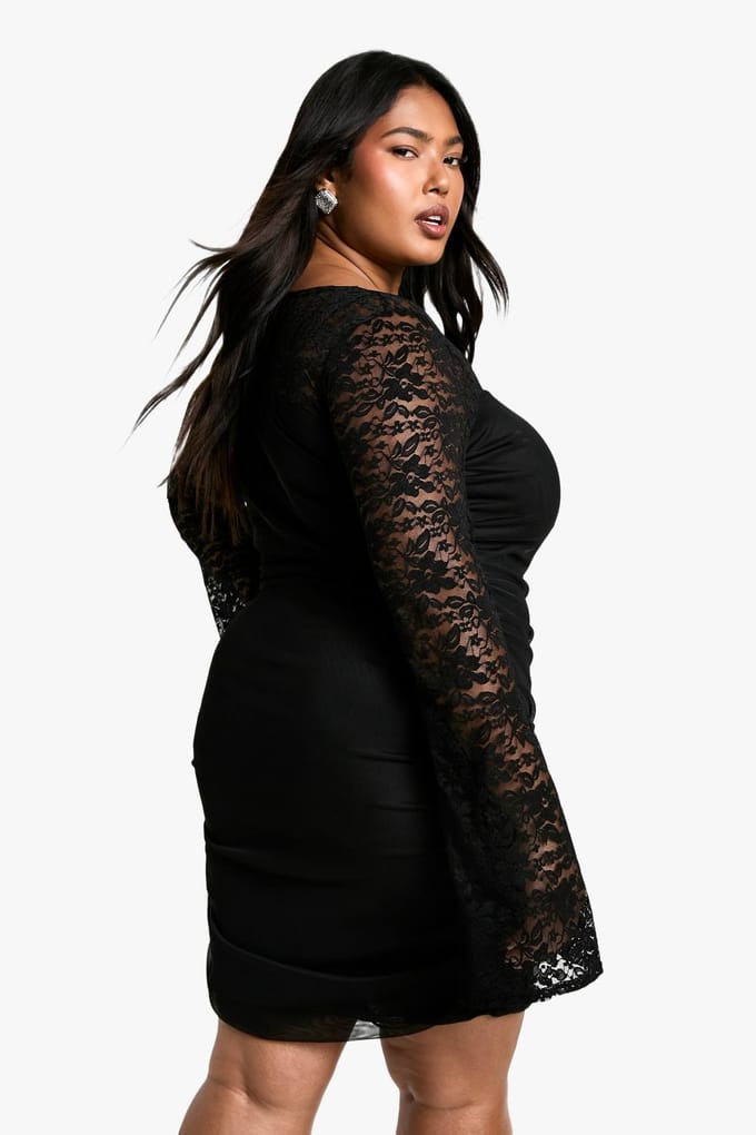 boohoo Dames Plus-maat Mesh Kant Geruched Bodycon Jurk | Zwart | Maat: 54