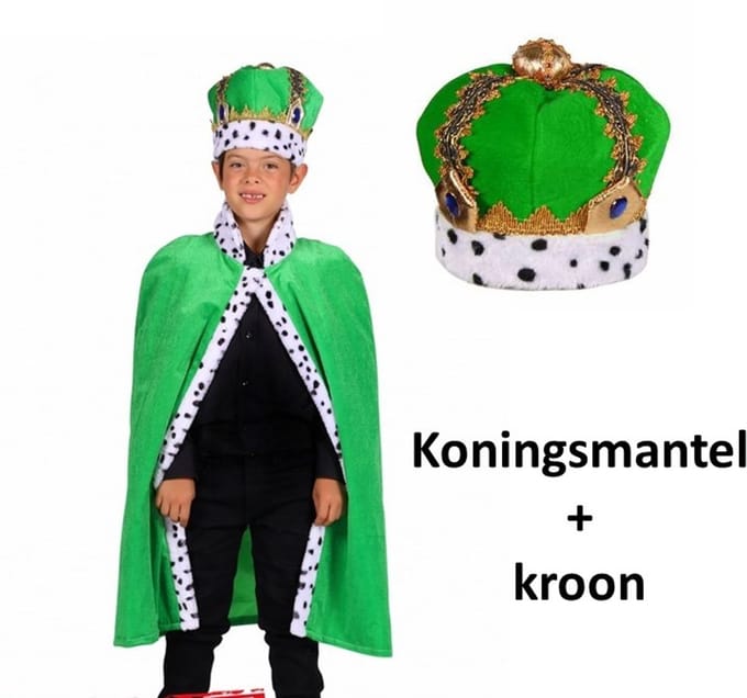 Konings mantel kind Groen inclusief kroon lengte 80 cm.