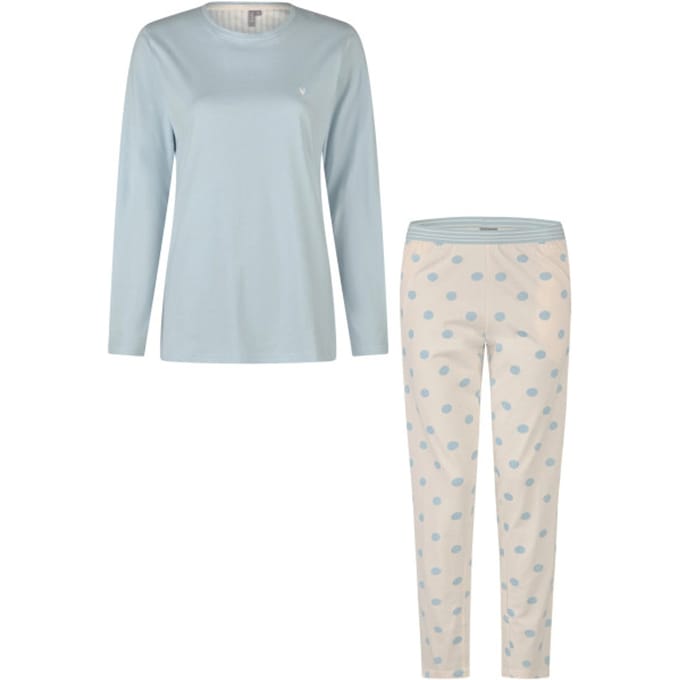 By Louise Dames Pyjama Set Lang Lichtblauw Gestipt - Maat M
