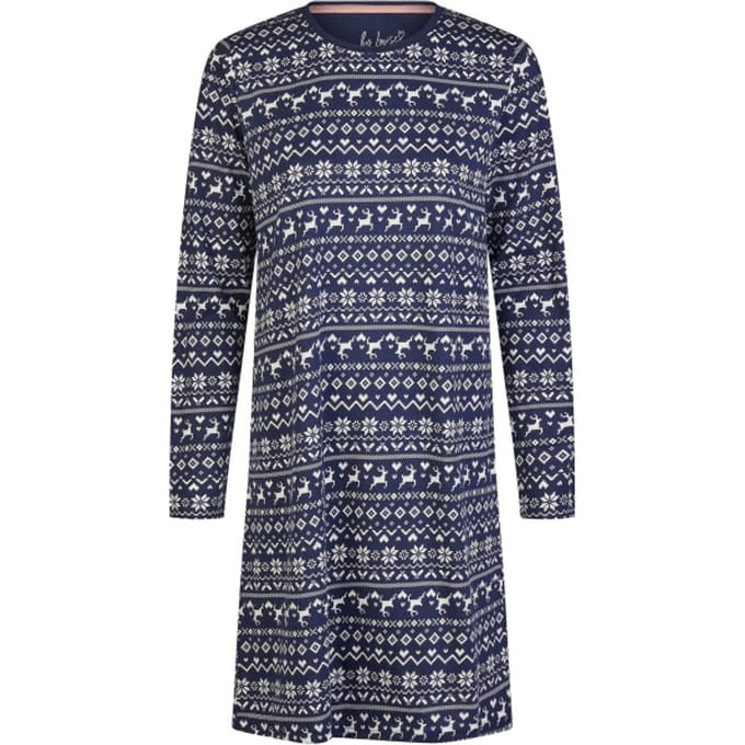 By Louise Dames Nachthemd Lange Mouw Winter Print Blauw - Maat S