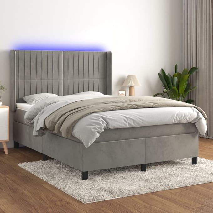 vidaXL - Boxspring - met - matras - en - LED - fluweel - lichtgrijs - 140x190 - cm