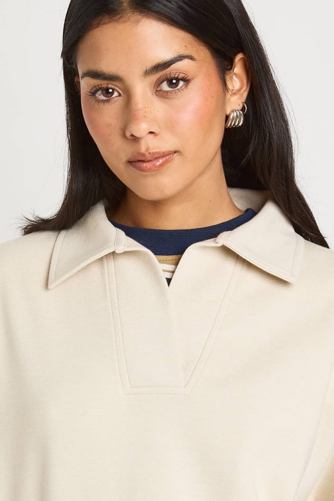 boohoo Dames Interlock Rugby Sweatshirt met Kraag | Cream | Maat: XS