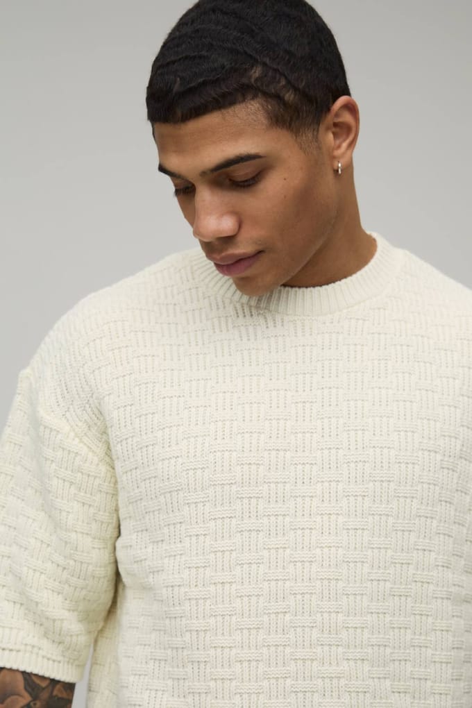 Boxy Fit Textured Stitch Knitted T-Shirt | Ecru | Size Large