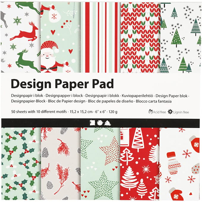 Design papierblok, vel 15,2x15,2 cm, 120 gr, groen, rood, wit, 50 vel