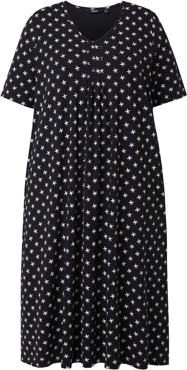 Ulla Popken - Dames - Midi-jurk sterren V-hals korte mouwen zakken - Zwart - Maat 50+