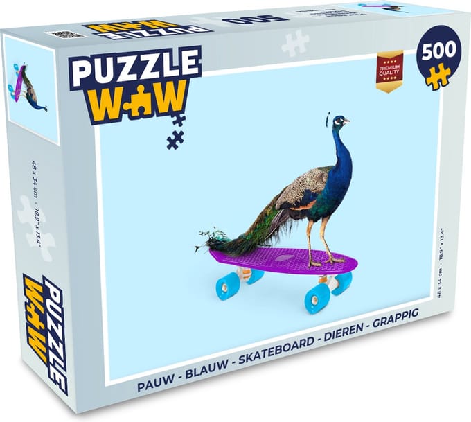 Puzzel Pauw - Blauw - Skateboard - Dieren - Grappig - Legpuzzel - Puzzel 500 stukjes