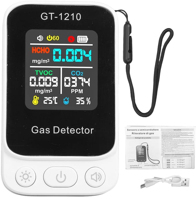 Luchtkwaliteitsmeter - Luchtkwaliteitstester - Binnenlucht Meten - 5 in 1 Sensor - Draagbaar - Zwart