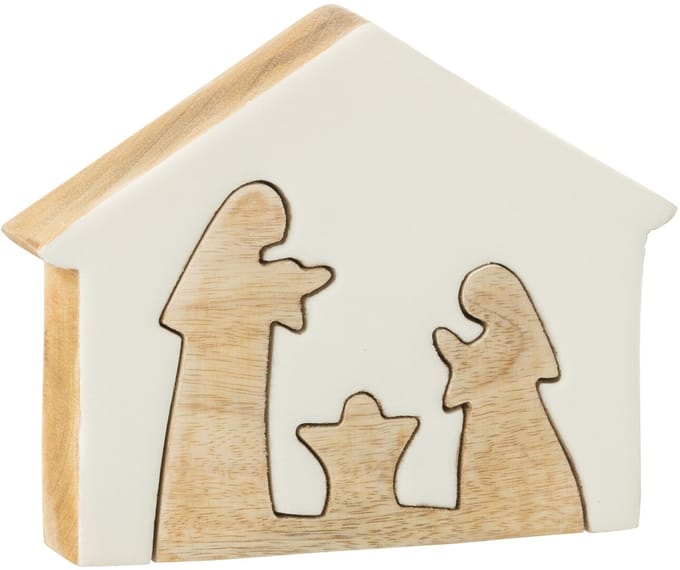 J-Line decoratie Kerststal Huis - hout - wit/naturel - medium