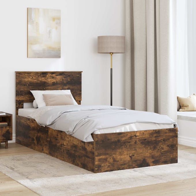vidaXL - Bedframe - met - hoofdeinde - Rook - Eiken - 90 - x - 190 - cm - Bewerkt - hout