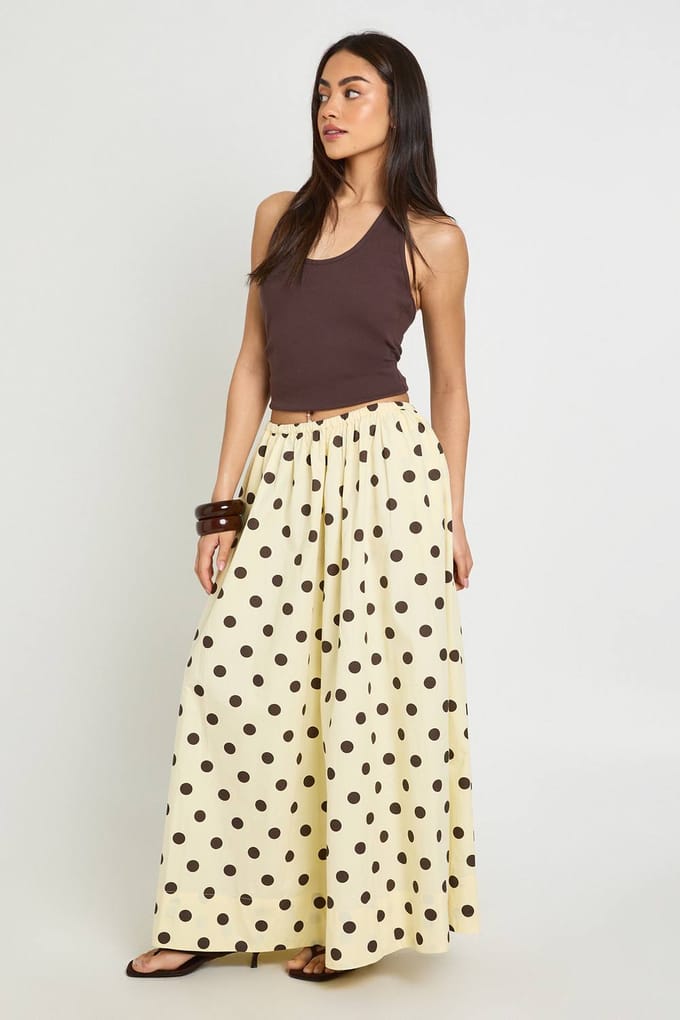 boohoo Dames Lange Polkadot Poplin Volume Maxi Rok | Citroen | Maat: 34