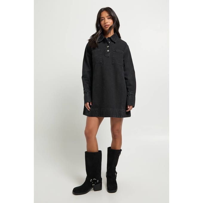 boohoo Dames Petite denim jurk met lange mouwen | Washed Black | Maat: 34