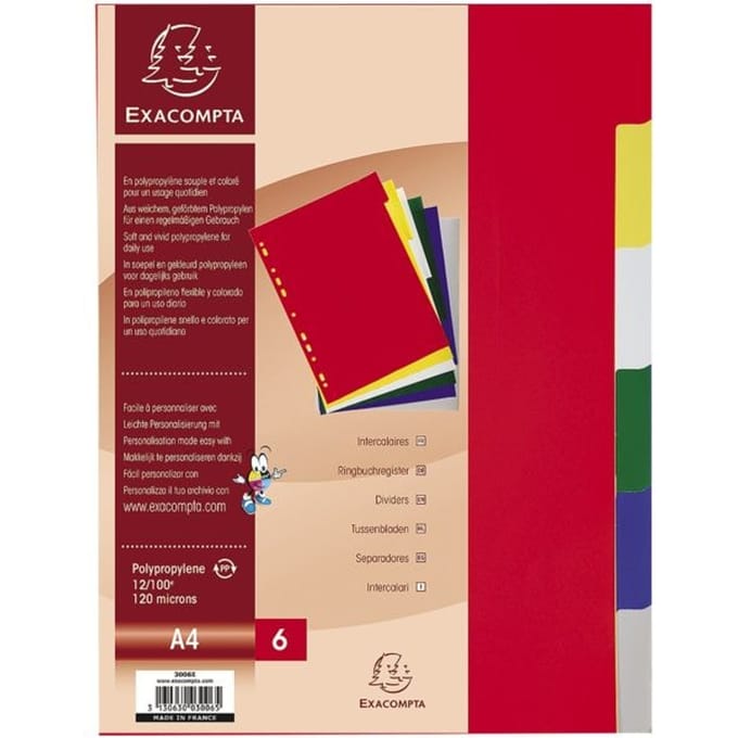 Exacompta tabbladen voor ft A4, uit PP 12/100e, 6 tabs, geassorteerde kleuren