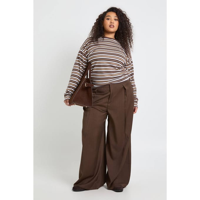 boohoo Dames Plus Marl Geplooide Wijde Pijpen Broek | Chocoladebruin | Maat: 44