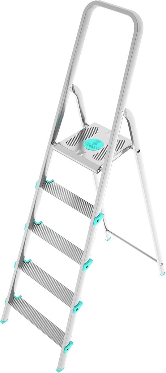 Aluminium ladder - 5 treden - Huishoudelijk werk - Robuuste constructie - 177 cm hoog - Aluminium
