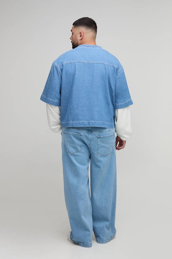 Plus Oversized Boxy Faux Layer Applique Denim Varsity Top | Light Blue | Size 2XL