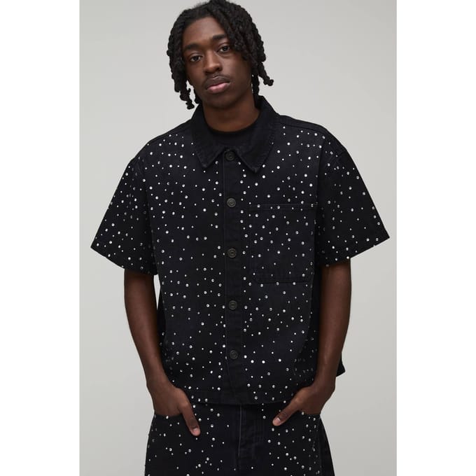 Gewassen Denim Overhemd Met Strass Oversized Boxy Revere Kraag | Washed Black | Size Medium