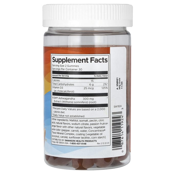 Ashwagandha & Vitamine D, Passievrucht-Sinaasappel, 60 Gummy's