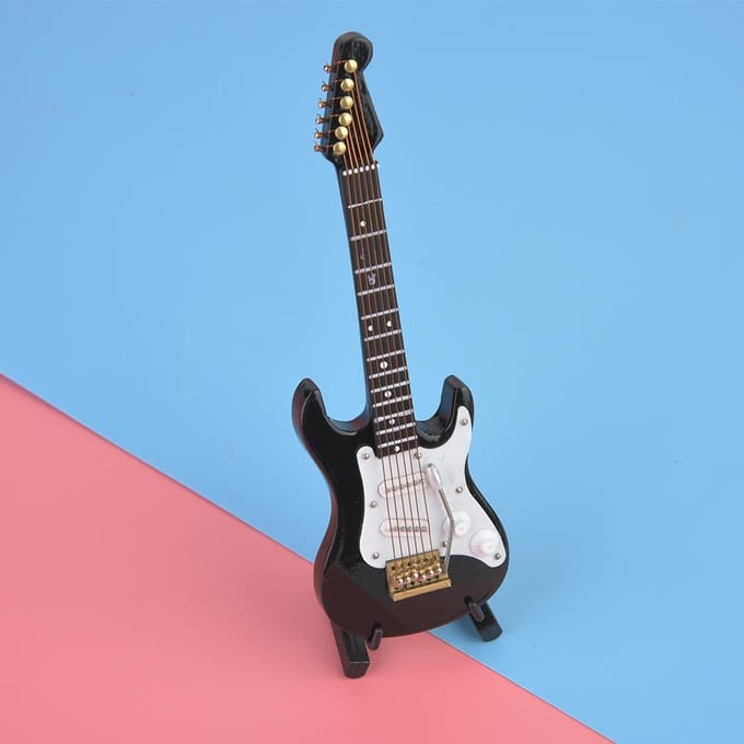 Delicate 14 cm Mini Houten Elektrische Gitaar Model Ornamenten Collectie met Standaard(Zwart) zwart