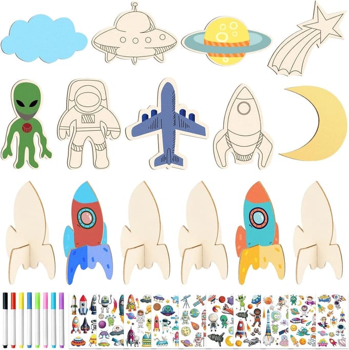 33-delige Houten Raket Knutselset voor Kinderen, Creatieve Kunst, Schilderen en DIY Projecten