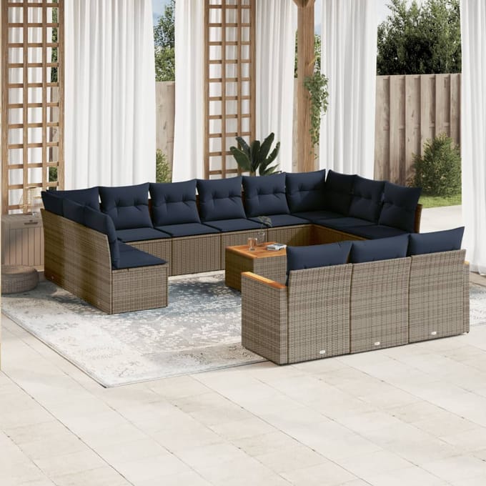 vidaXL - 14-delige - tuinbankset - met - kussens, - grijs - polyrotan