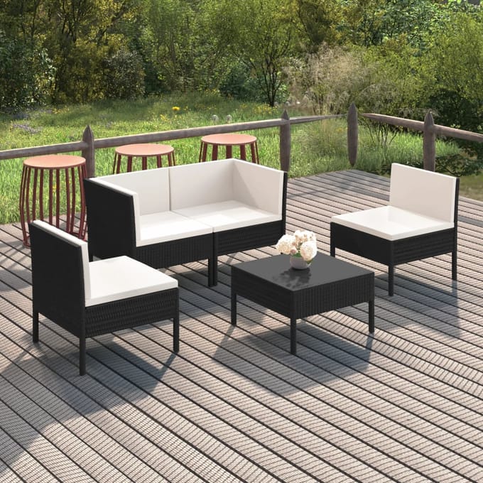 vidaXL - 5-delige - Loungeset - met - kussens - poly - rattan - zwart