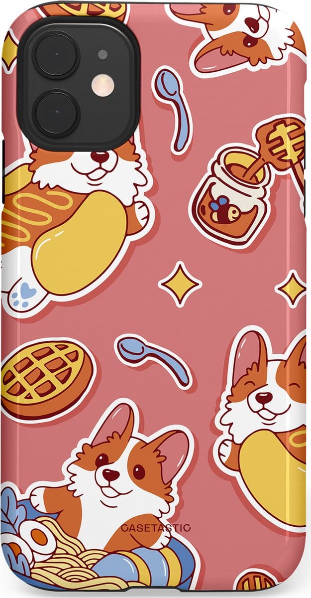 Casetastic hoesje geschikt voor Apple iPhone 11 - Dubbellaagse bescherming - Corgi snacks - Fashion Case - Koraal Terracotta Lichtgrijs Goud