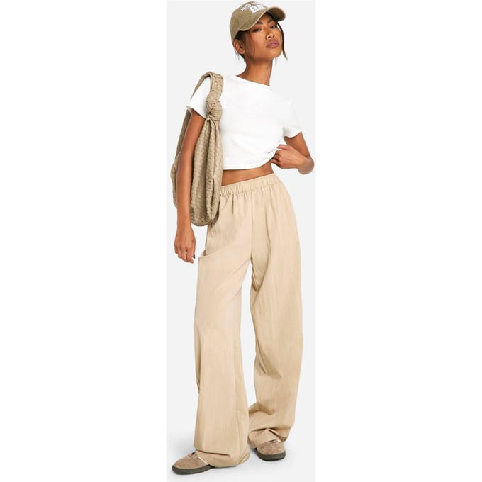 boohoo Dames Nylon Broek met Wijde Pijpen | Stone | Maat: 8