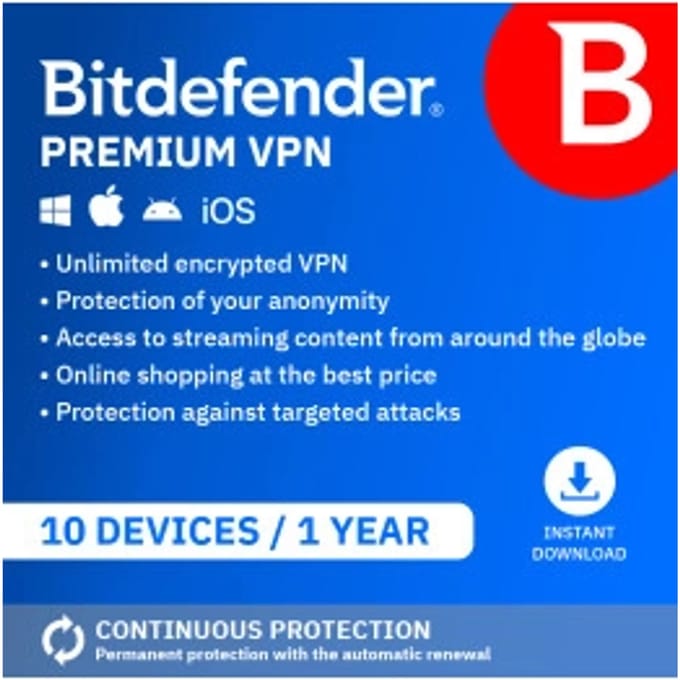 Bitdefender Premium VPN 2026 | 10 Apparaten | 1 jaar | Automatische verlenging