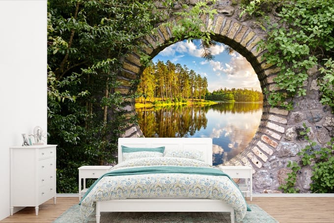 Behang - Fotobehang Bomen - Water - Doorkijk - Breedte 600 cm x hoogte 400 cm