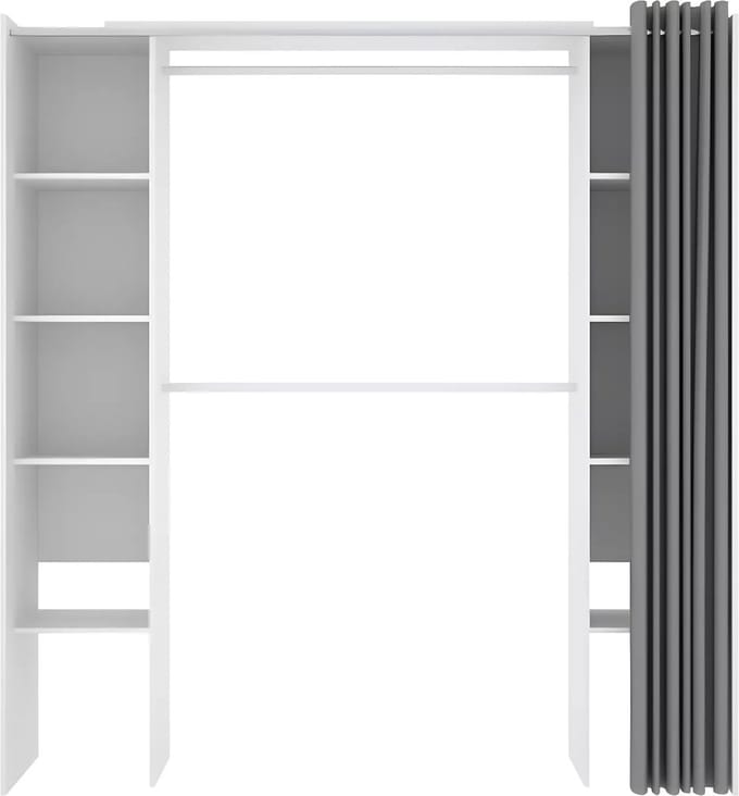 Vente-unique Verstelbare kledingkast DORIAN met gordijn - L 110/180 cm - Kleuren: Wit en grijs