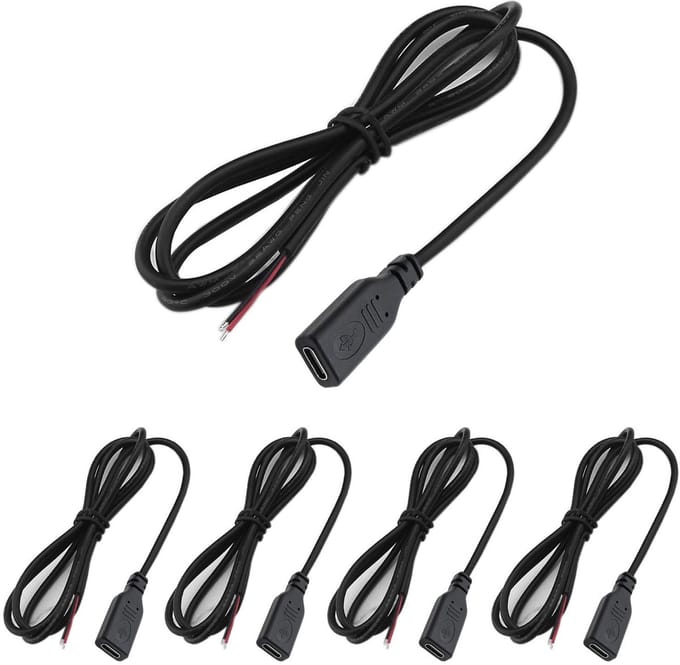 Dailygoody - USB C Pigtail Kabel 5-pack - 1 Meter 22AWG 5V 3A