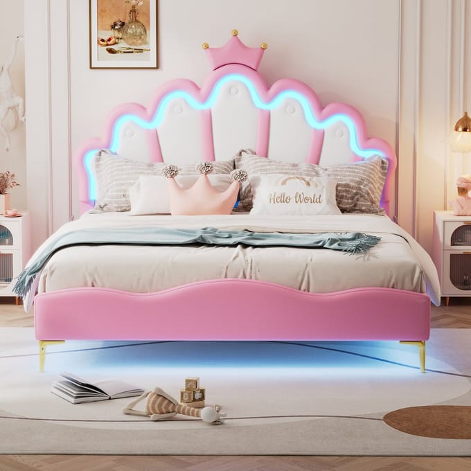 Twijfelaar - 140x200 cm - Prinsessenbed Kroonvorm - Verstelbare LED - PU-leer - Roze