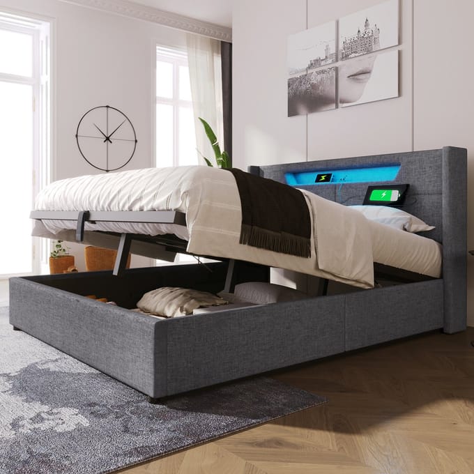 REDOM gestoffeerd opbergbed 140x200 cm – Linnen grijs – LED, USB/Type-C, hydraulische opbergruimte – Incl. matras