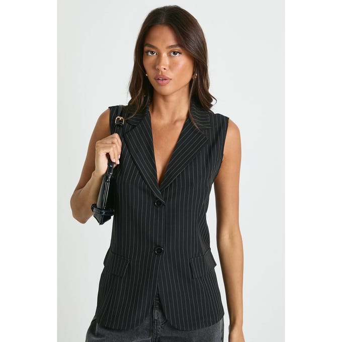 boohoo Dames Streepjes lang getailleerd vest | Zwart | Maat: 38