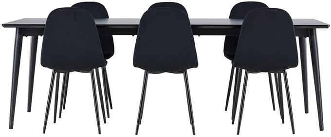 Ellis eethoek tafel 85x230cm en 6 velours stoelen zwart.