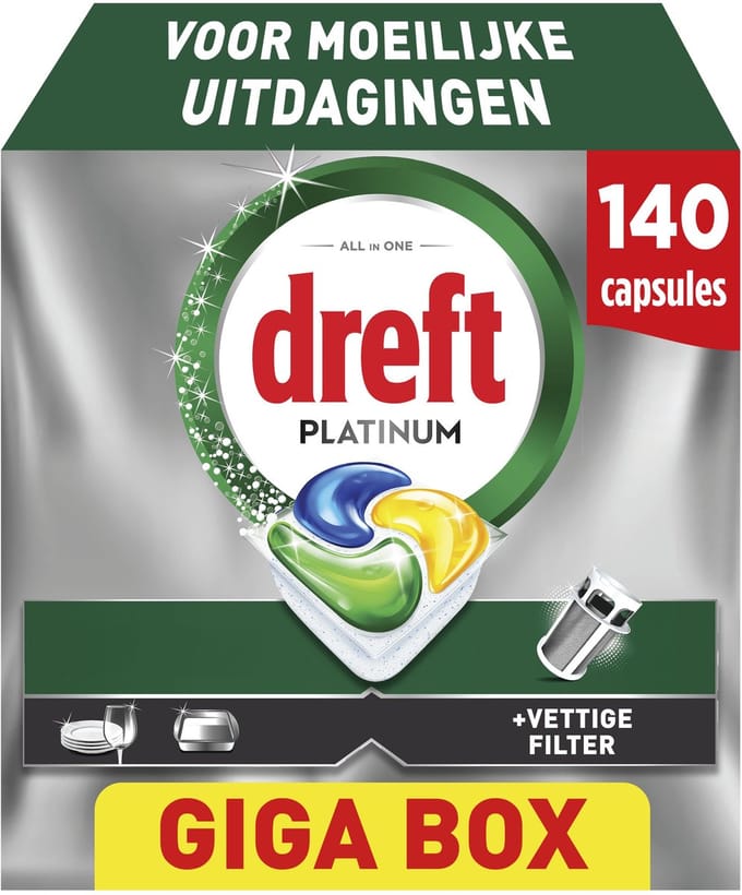 Dreft Platinum Vaatwastabletten Citroen - Moeilijke Uitdagingen - Vettig Filter - 140 stuks