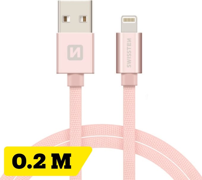 Swissten Korte Lightning Oplaadkabel 20 cm – voor iPhone & iPad – Gevlochten Nylon USB-A Kabel – Roze