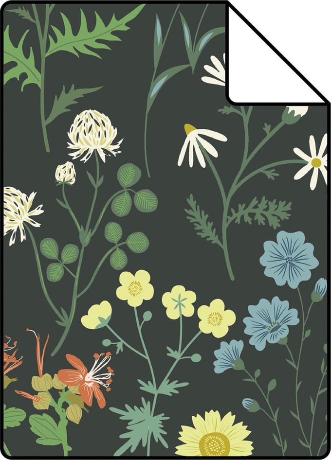 Proefstaal ESTAhome behang veldbloemen multicolor op zwart - 26.5 x 21 cm - 139392-S