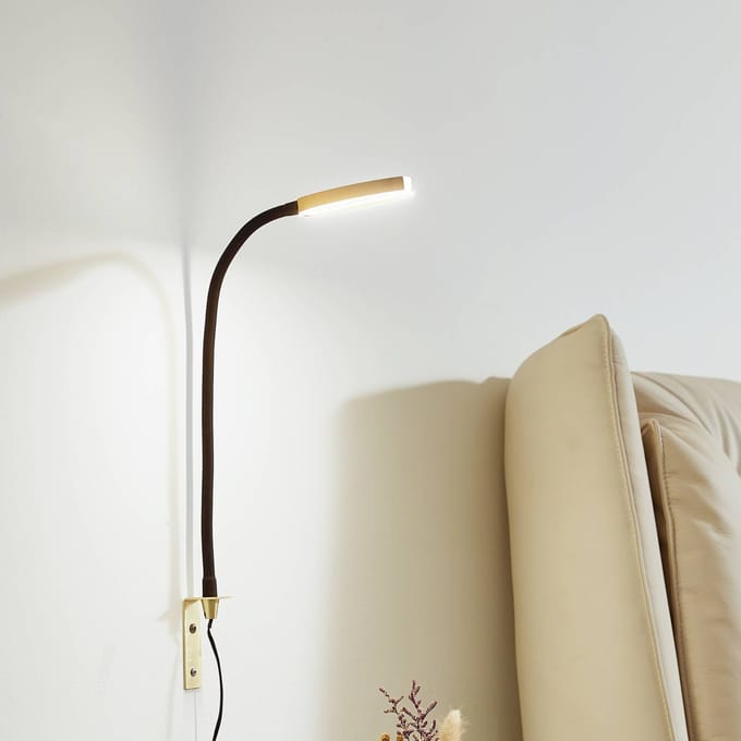 Lindby LED leeslamp Flexola, goud, rond, metaal, stekker