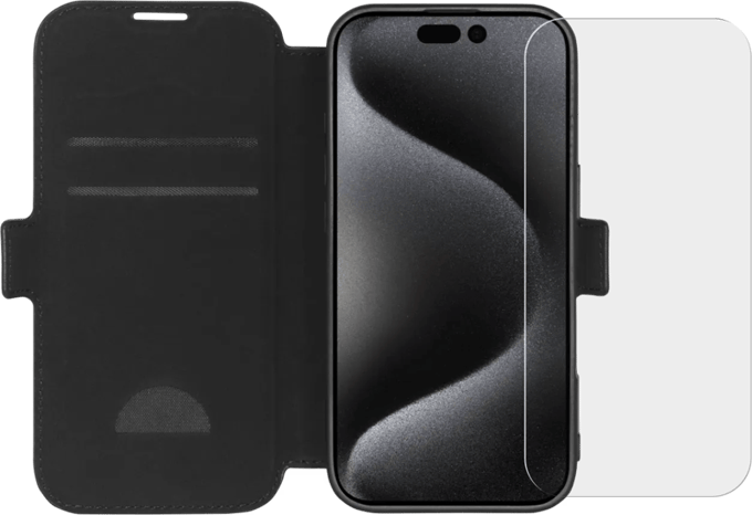 BlueBuilt Apple iPhone 16 Pro Book Case Leer Zwart + Screenprotector Glas