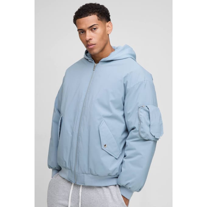 Bomberjack met capuchon in oversized pasvorm met PU-applique van nylon | Slate Blue | Size Medium