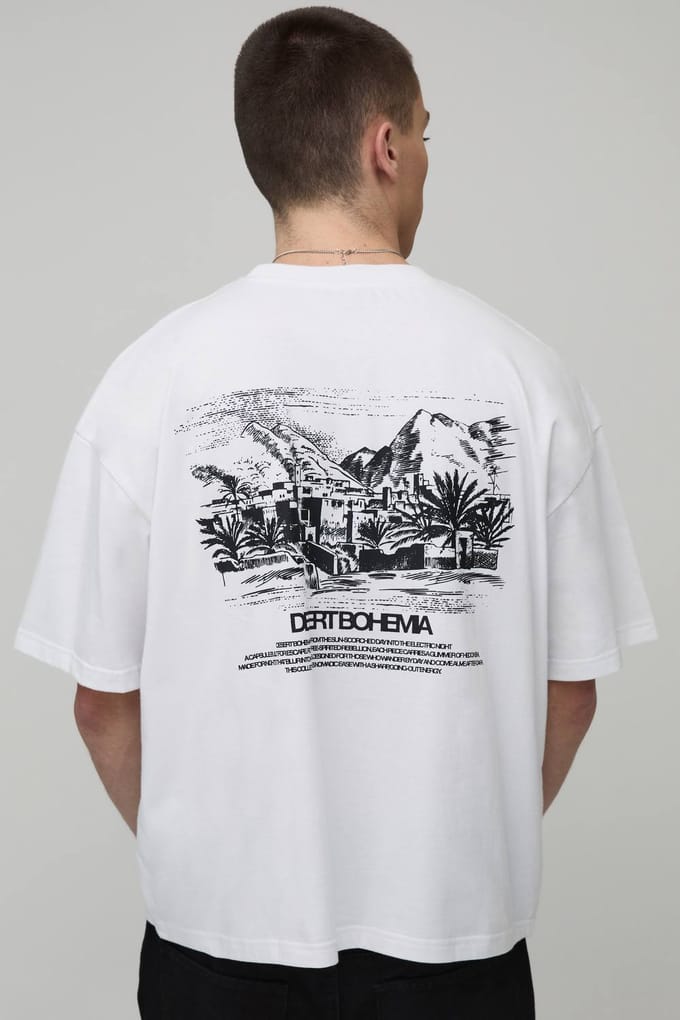 Oversized Boxy T-shirt Met Woestijnlandschap Print | White | Size Large