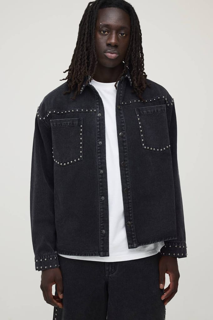 Denim Overshirt Met Studs | Washed Black | Size Small