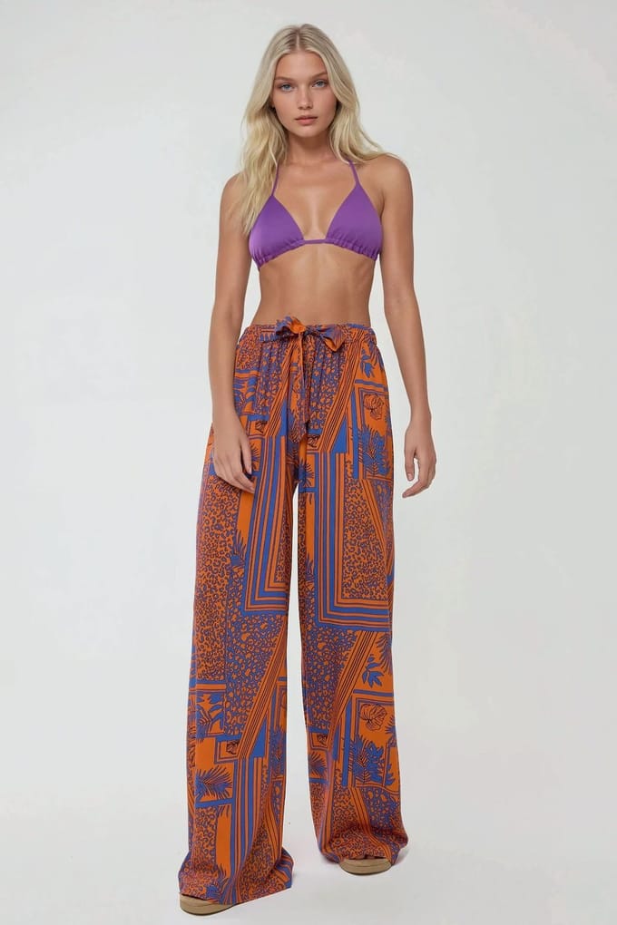 Geprinte Wijde Pantalon met Touwtjes