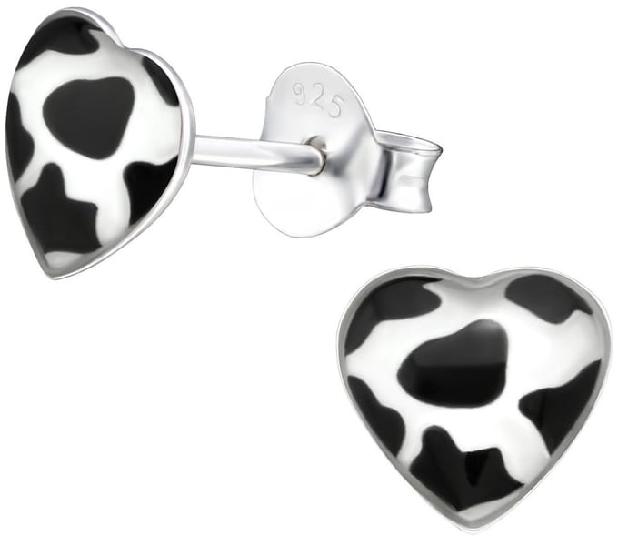 Joy|S - Zilveren hartje oorbellen - koe - koeprint - 7 mm - oorknoppen - sterling zilver 925